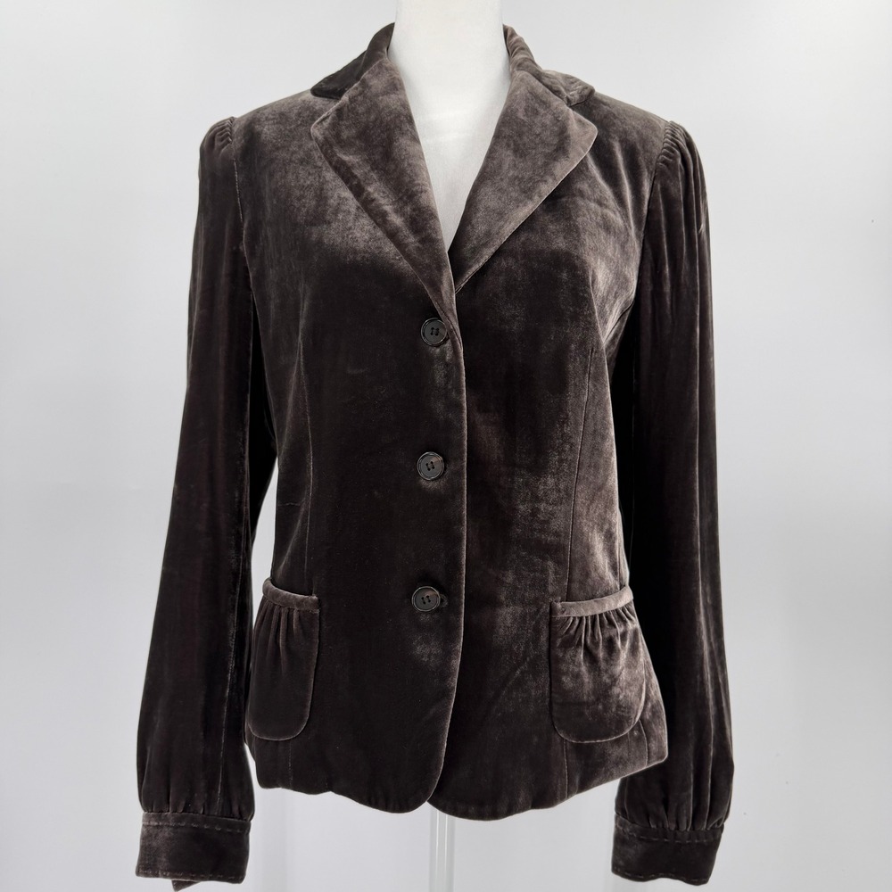 Tahari Silk Blend Dark Brown Velvet Blazer Jacket Puff Sleeve Button Front Small